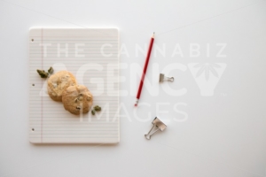 Back to School Chocolate Chip Cookies and Cannabis Buds on a Binder Paper Plate with a Red Pencil and Clips - The Cannabiz Agency