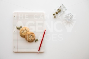 Back to School Chocolate Chip Cookies on a Binder Paper Plate with a Red Pencil and a Glass Jar of Cannabis - The Cannabiz Agency