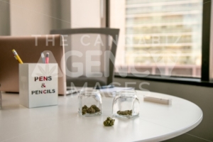 Bright Lit Business Office with Marijuana, Cannabis Buds in Glass Jars - The Cannabiz Agency