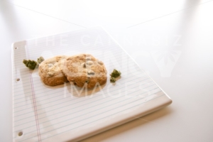 Chocolate Chip Cookies and Marijuana Buds on Binder Paper Plate at an Angle - The Cannabiz Agency