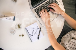 Female Cannabis Entrepreneur working on Marketing for Marijuana Business on White Table Work Space - The Cannabiz Agency