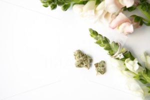 Marijuana Buds next to Diamond Wedding and Engagement Ring Around Flowers – Cannabis Wedding - The Cannabiz Agency