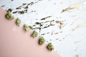 Marijuana Buds sit diagonally on Pink and Gold Marble Background Minimalist Cannabis - The Cannabiz Agency