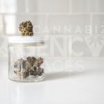 Glass Jar of Flowers on White Counter - Cannabis Royalty Free Stock Images