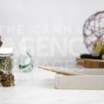 Pen on Wooden Tray, Flower Buds, Glass and Roll on White Marble - Cannabis Royalty Free Stock Images