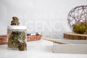 Pen on Wooden Tray, Flower Buds and Roll - Cannabis Royalty Free Stock Images