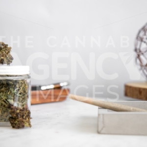 Pen on Wooden Tray, Flower Buds and Roll - Cannabis Royalty Free Stock Images