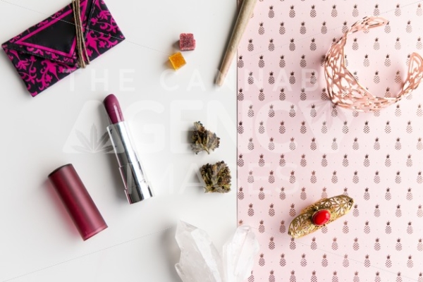 Pink Pineapples and Lipstick Disarray – Top Down - Cannabis Royalty Free Stock Images
