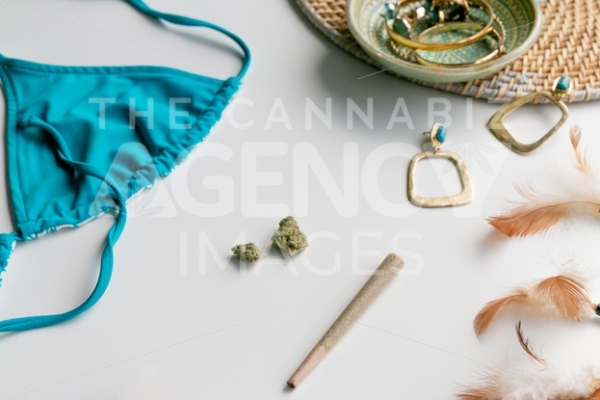 Summer Festival Essentials Blue Bikini and Gold on Light Blue – Angled - Cannabis Royalty Free Stock Images
